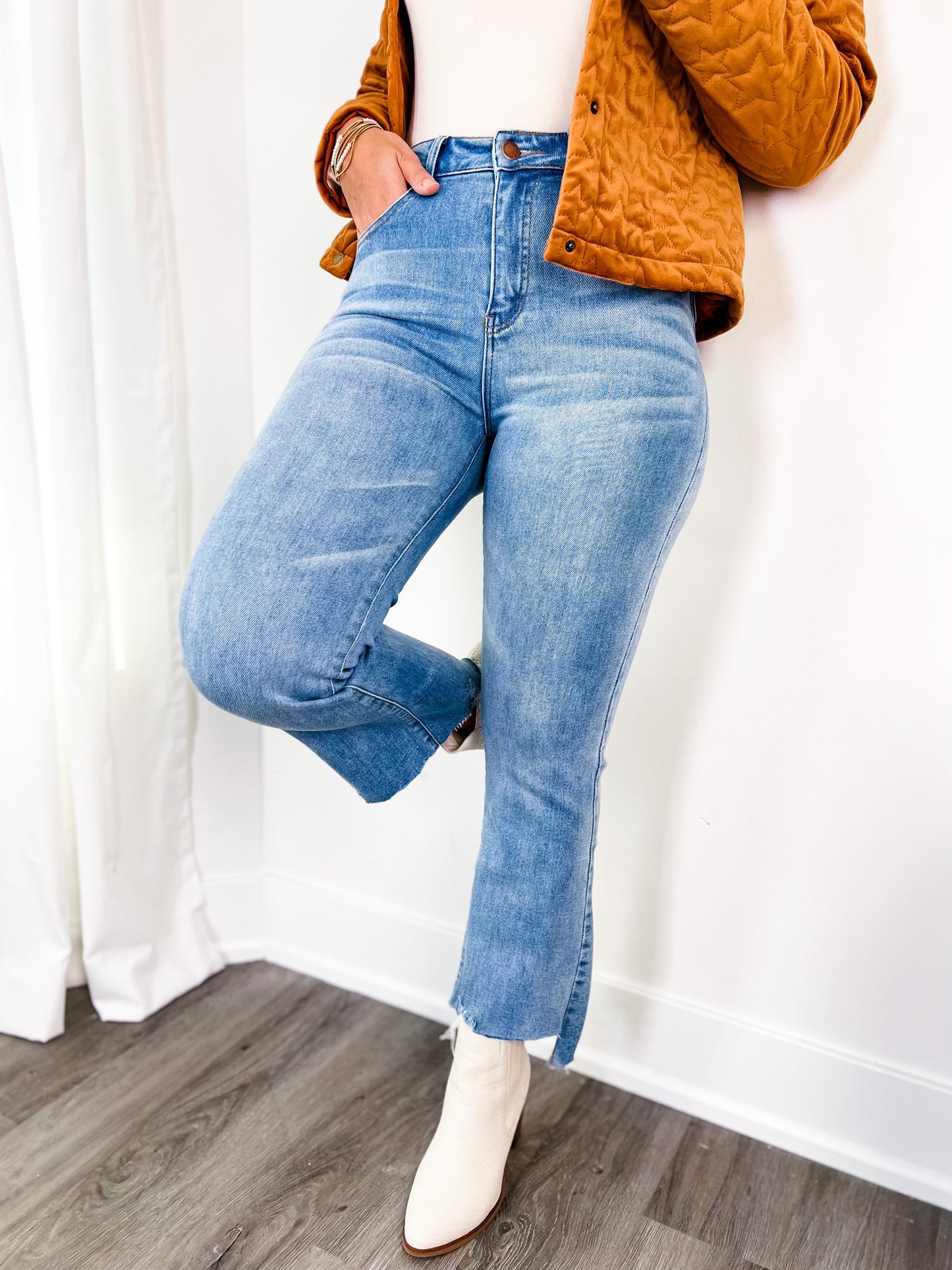 Risen High Rise Raw Cut Ankle Flare Jeans