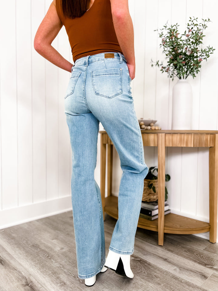 Judy Blue Lavender's Blue Light Wash High Rise Wide Leg Jeans With Pocket Detail