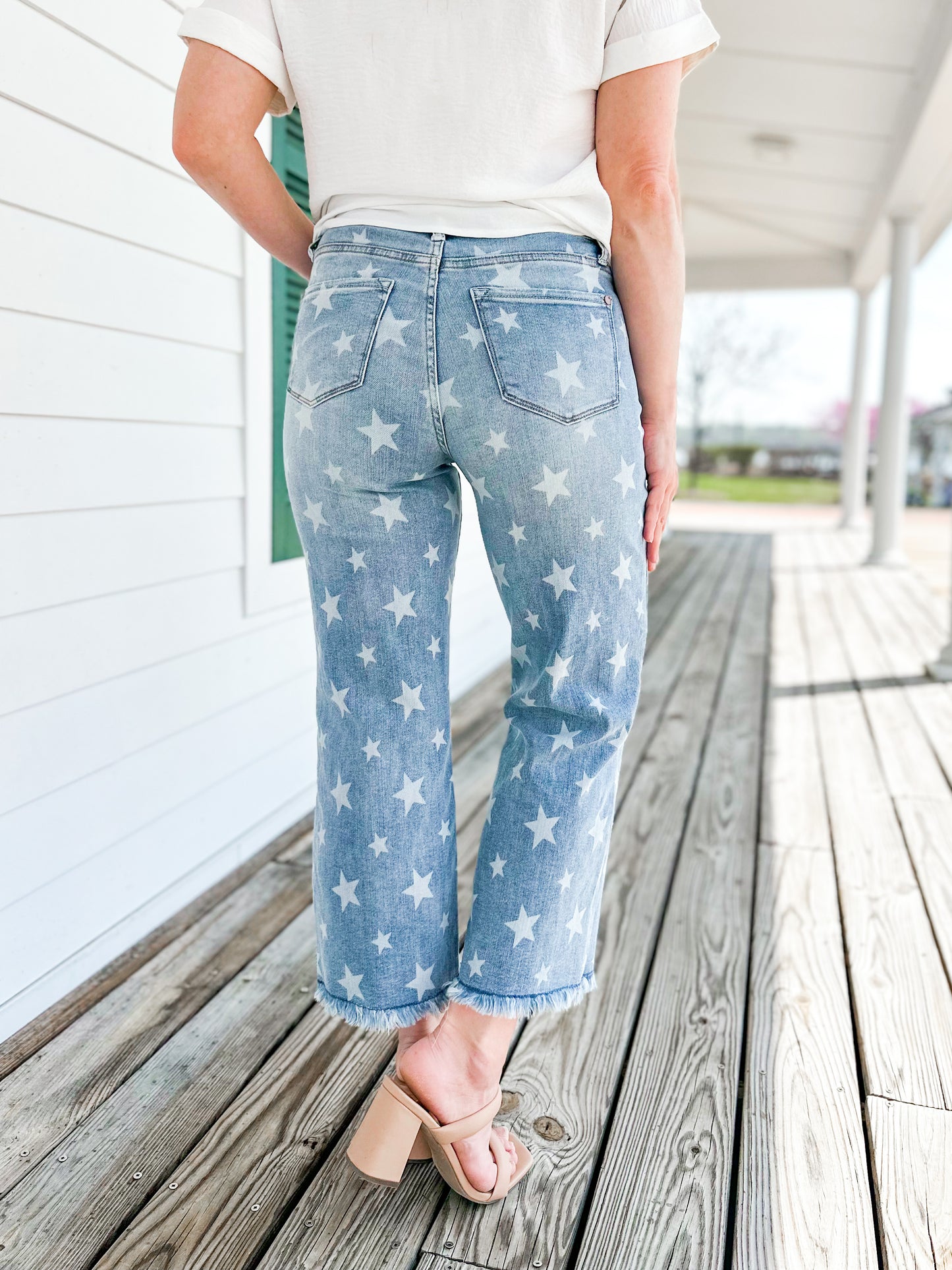 Judy Blue American Babe High Rise Light Wash Star Printed Cropped Straight Leg Jeans
