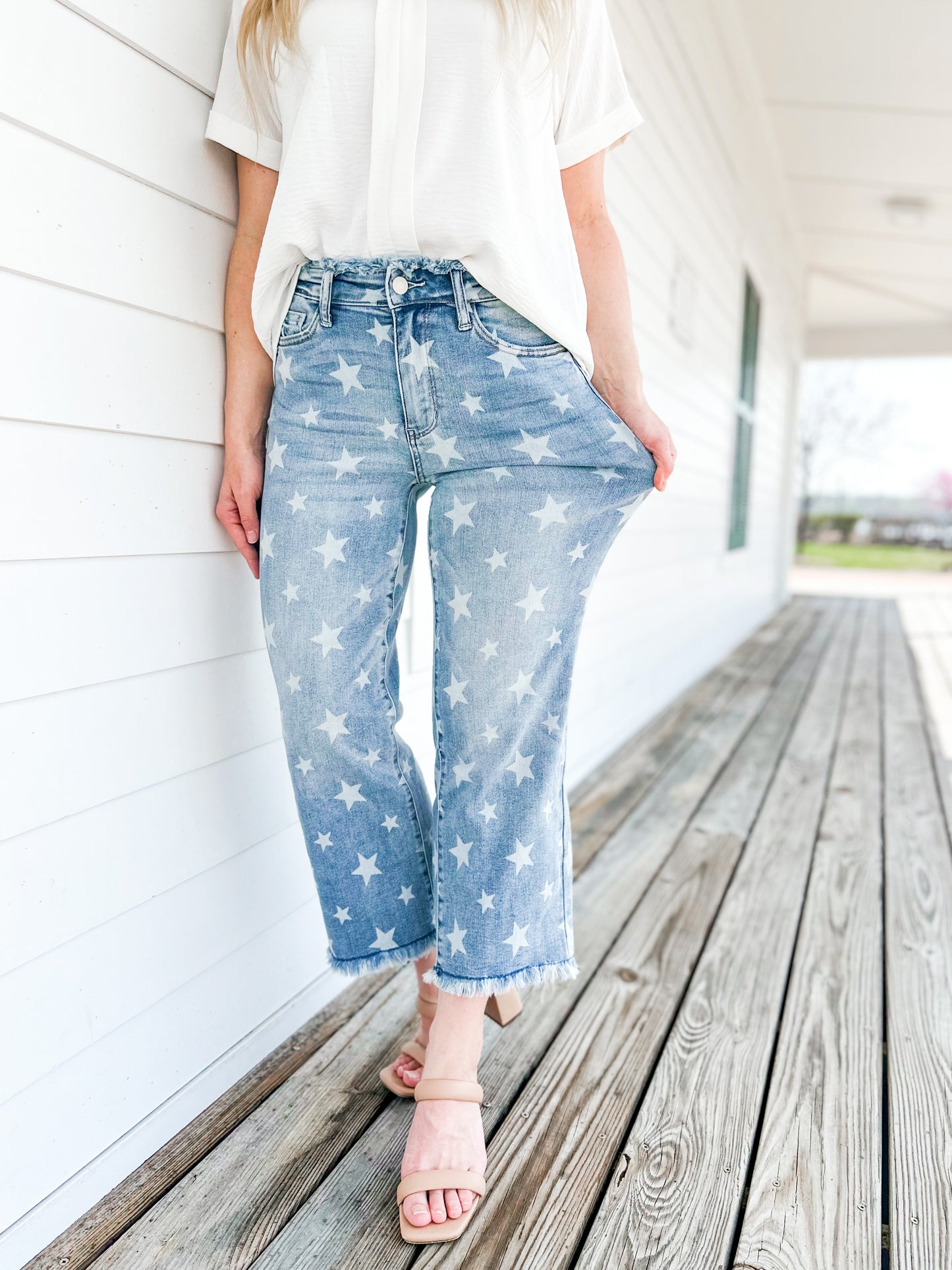 Judy Blue American Babe High Rise Light Wash Star Printed Cropped Straight Leg Jeans