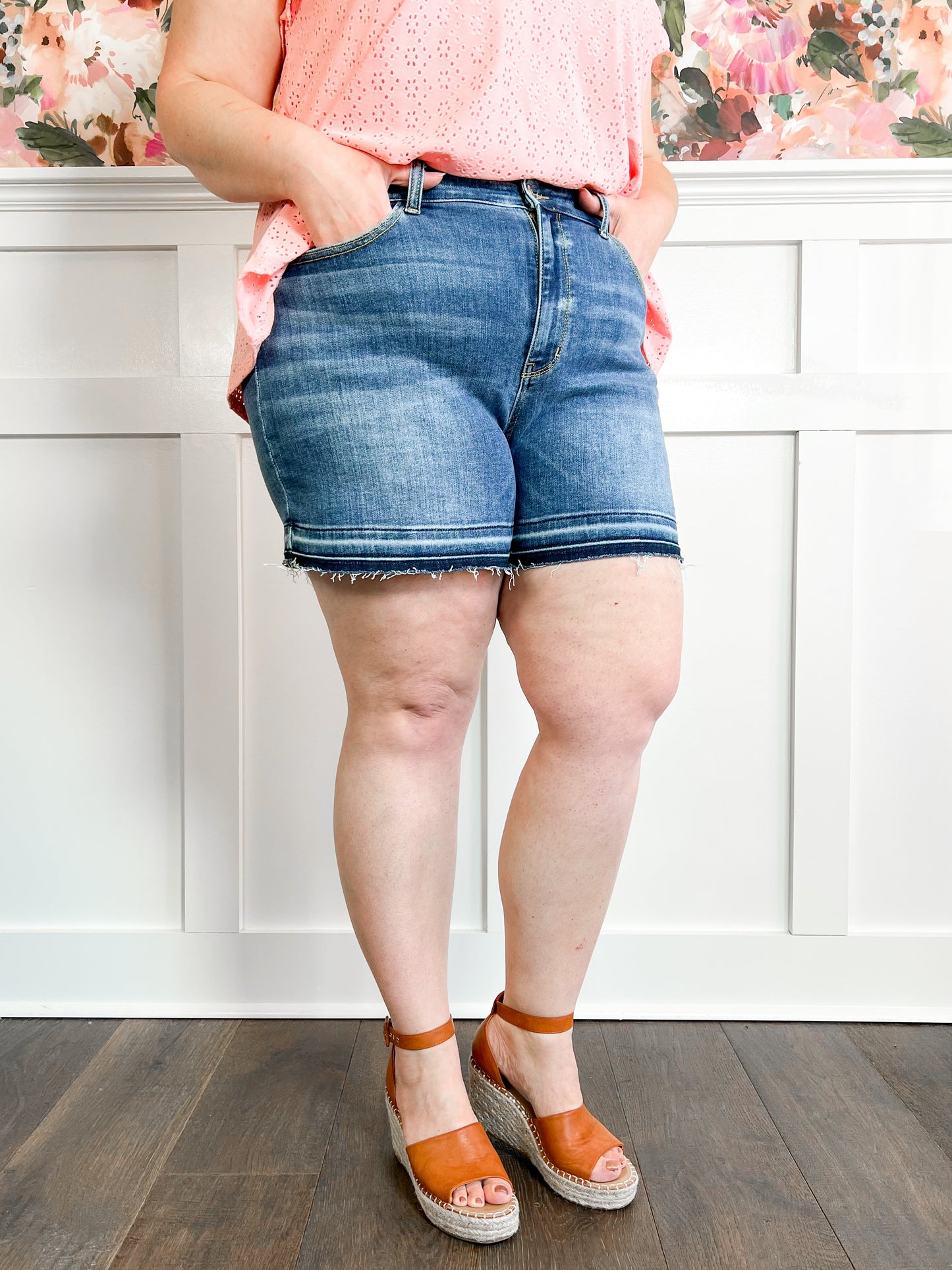 Judy Made You Look Blue Dark Wash Released Hem Shorts