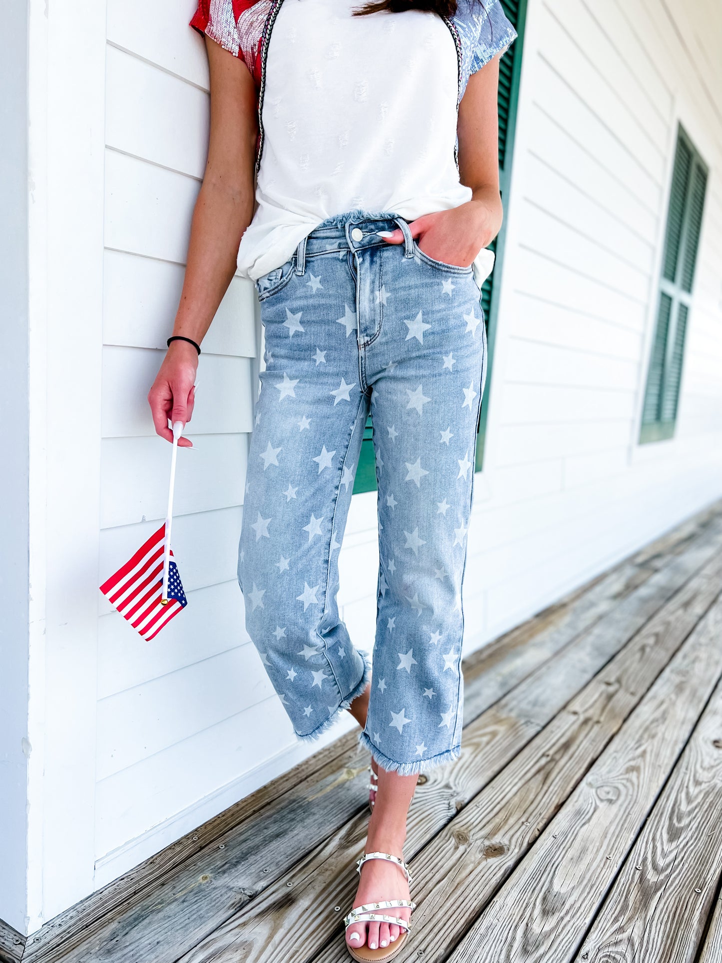 Judy Blue American Babe High Rise Light Wash Star Printed Cropped Straight Leg Jeans