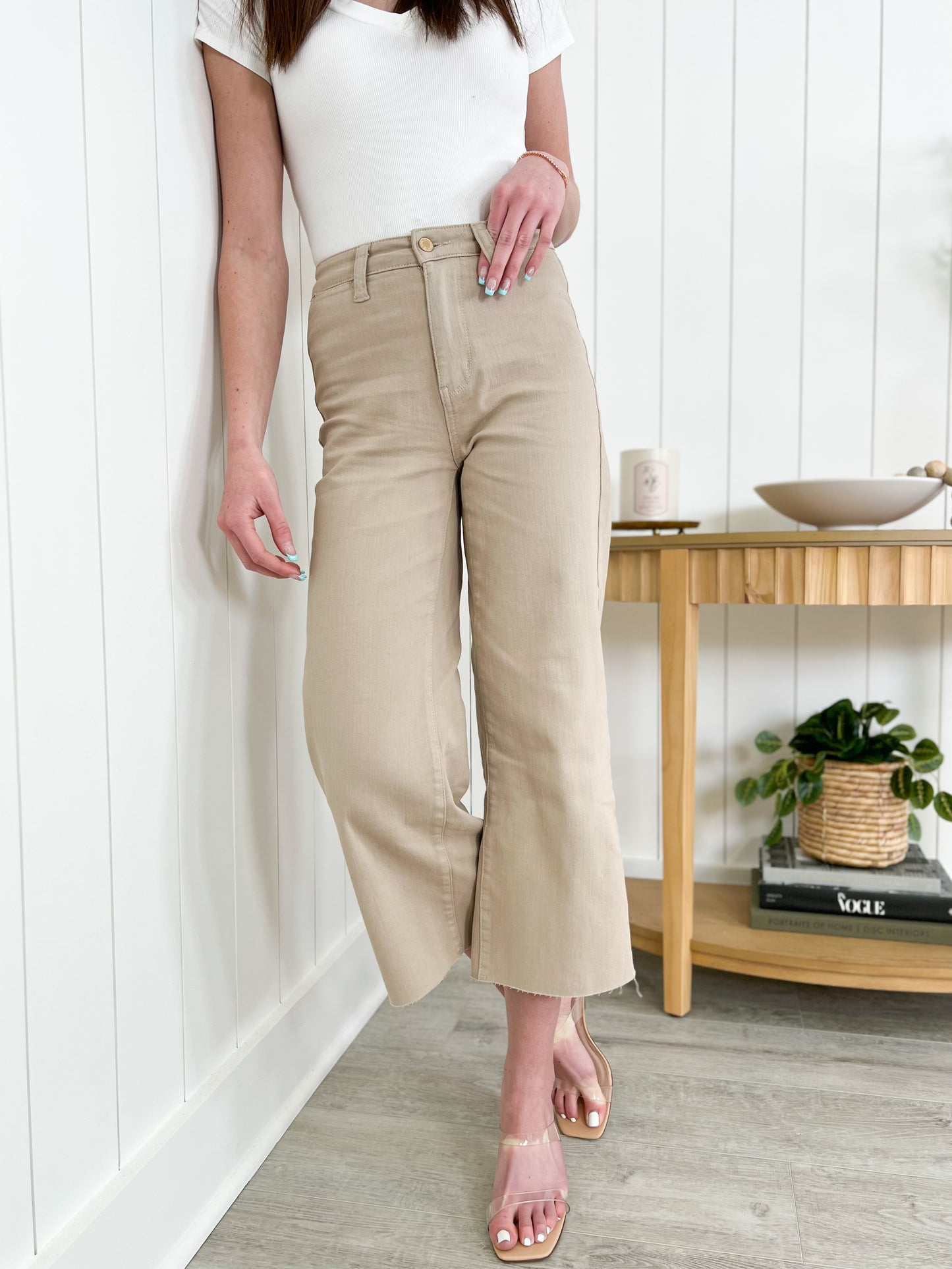 Judy Blue Love You a Latte  Khaki High Rise Garment Dyed Wide Leg Cropped Jeans