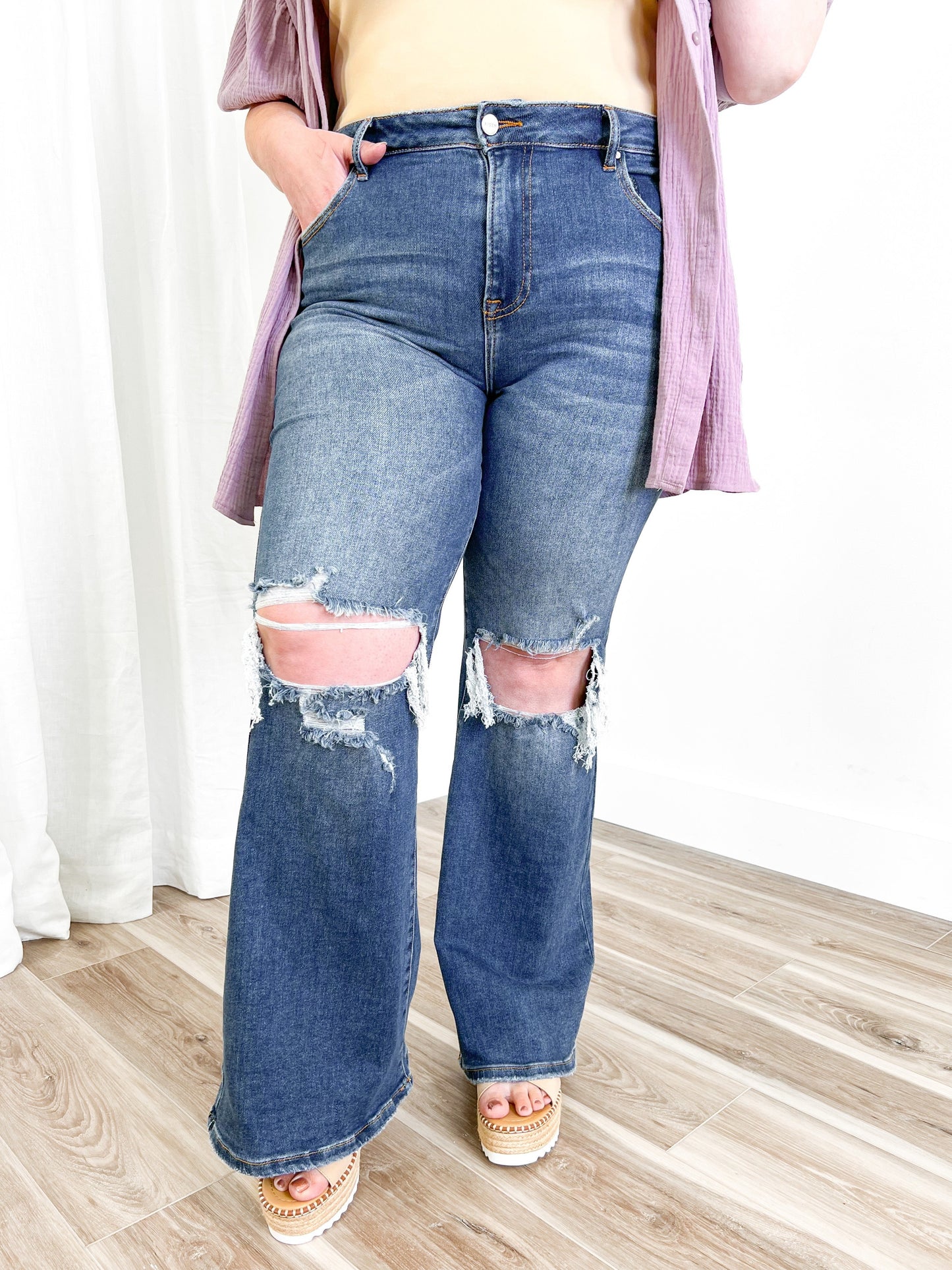 Risen Dark Wash Distressed Flare Jeans