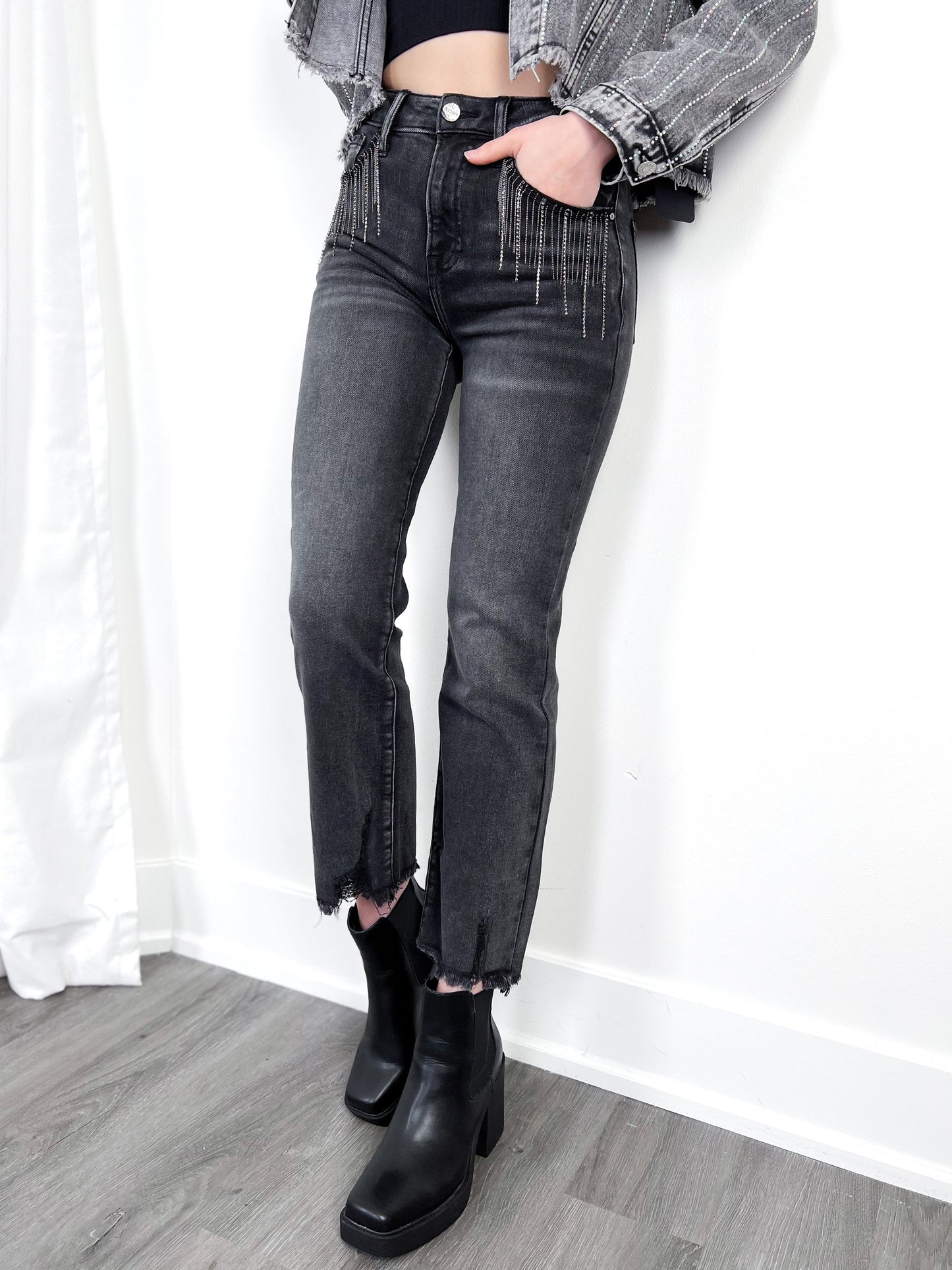 Risen Dark Grey High Rise Cropped Straight Leg Jeans with Embellishments