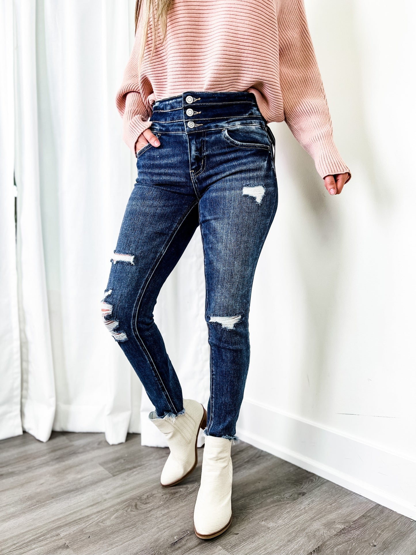 Vervet Dark Wash Cropped Distressed Triple Button Jean