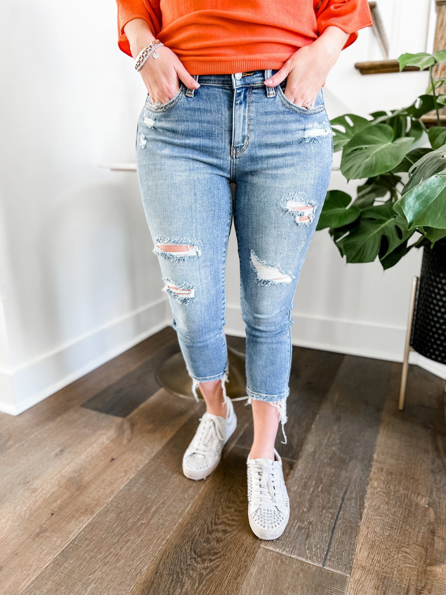 Judy Blue Distressed Light Wash Capri Jeans