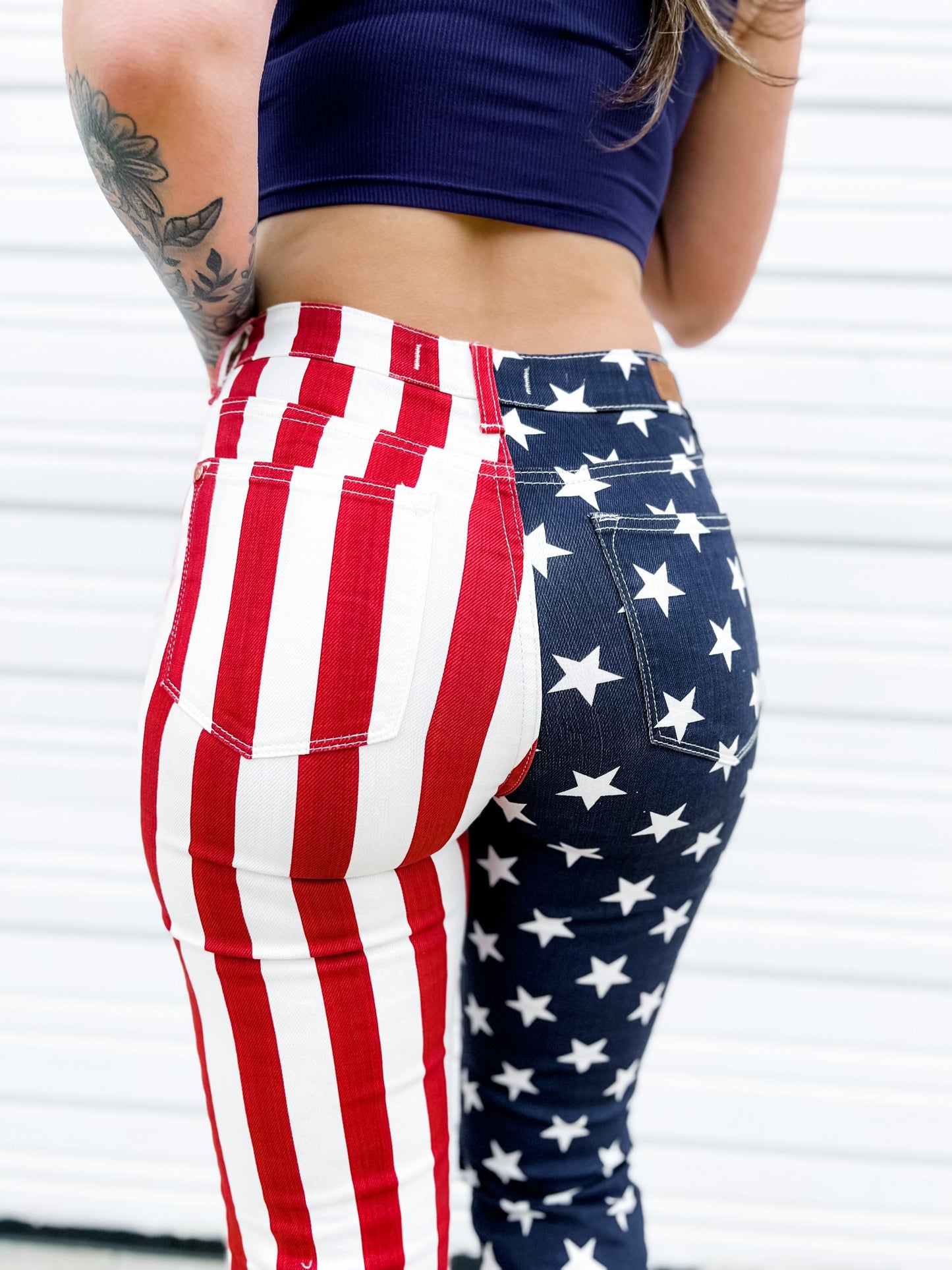 Judy Blue High Rise American Flag Print Raw Hem Flare Jeans