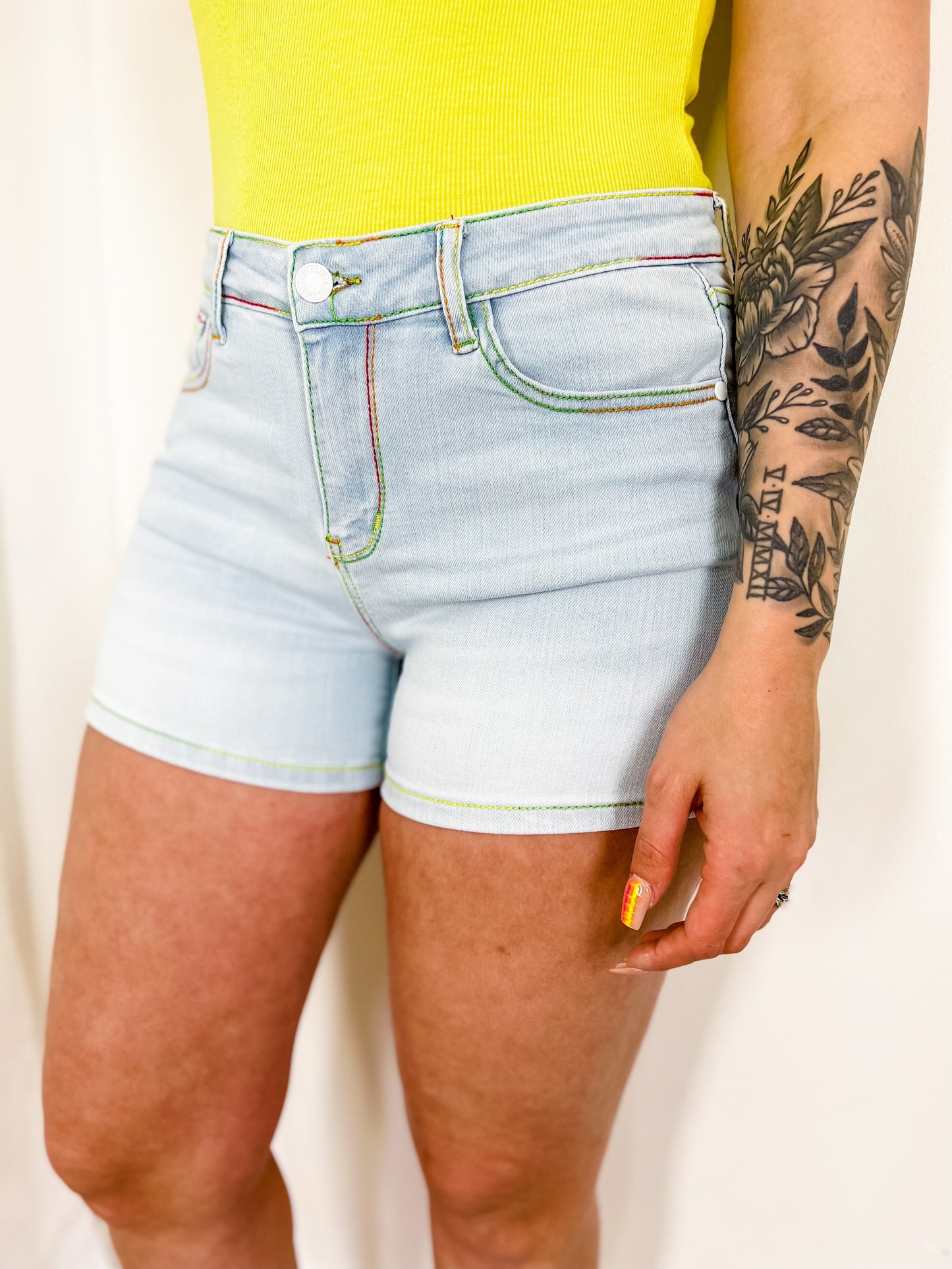 Judy Blue Light Wash Rainbow Thread Shorts