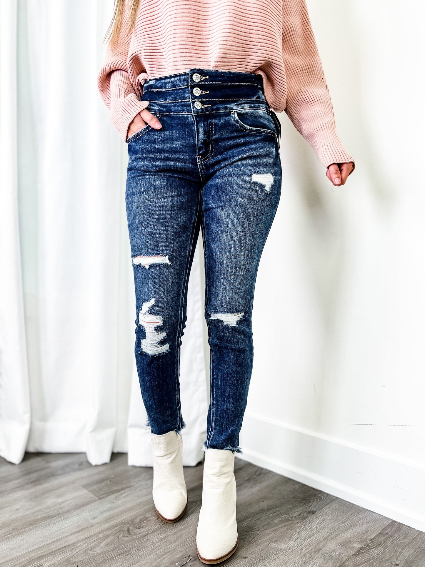 Vervet Dark Wash Cropped Distressed Triple Button Jean