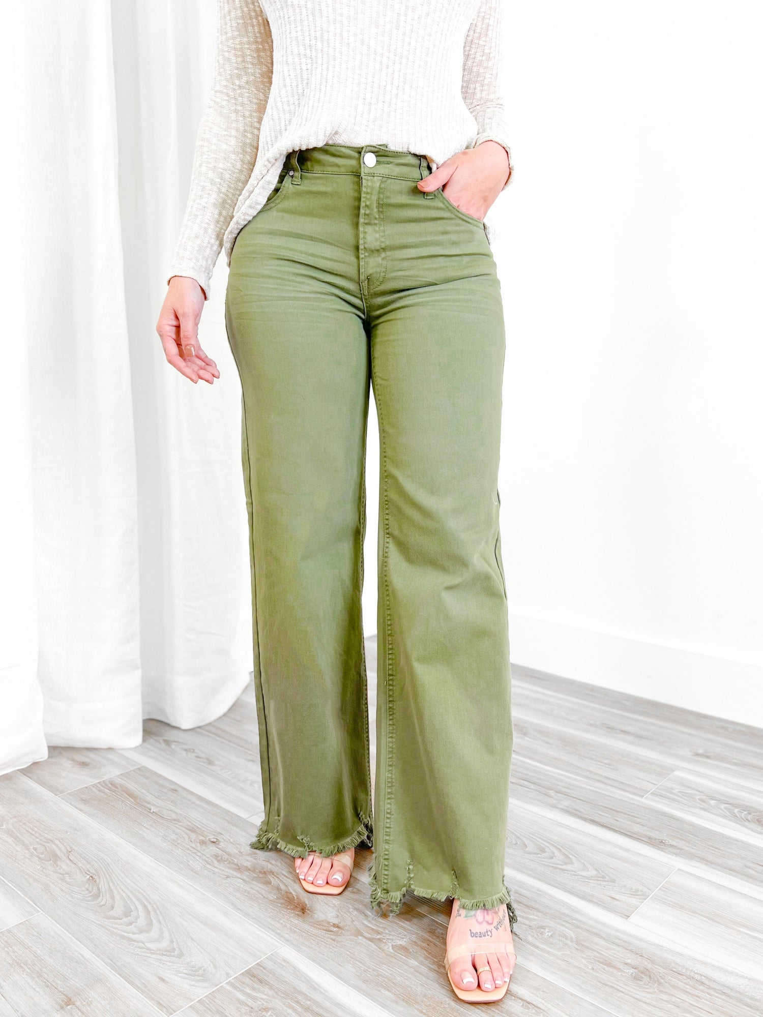 Risen Olive High Rise Wide Jeans