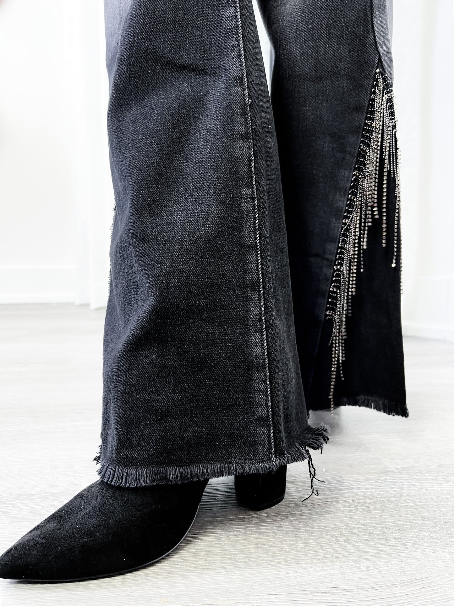 Risen Black Mid Rise Flare Rhinestone Denim Jeans