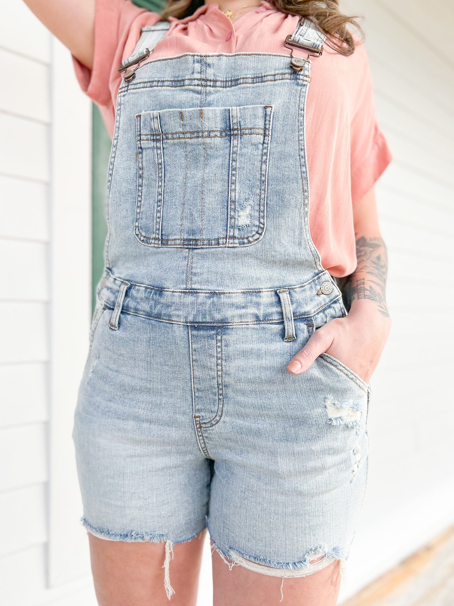 Judy Blue Bethany Blues Light Wash Destroyed Shorts Overalls