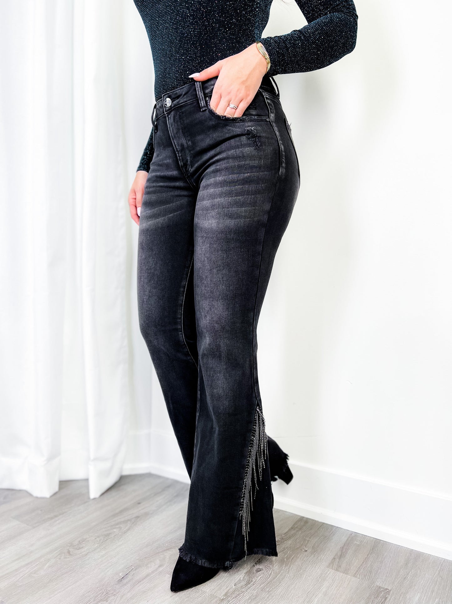 Risen Black Mid Rise Flare Rhinestone Denim Jeans