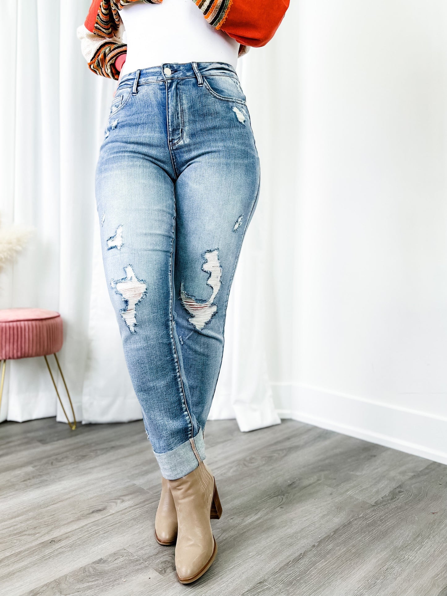 Judy Blue  Bad Boys Boyfriend Jean Medium Wash Double Cuff Distressed Long Tall Jeans with Frayed Hem