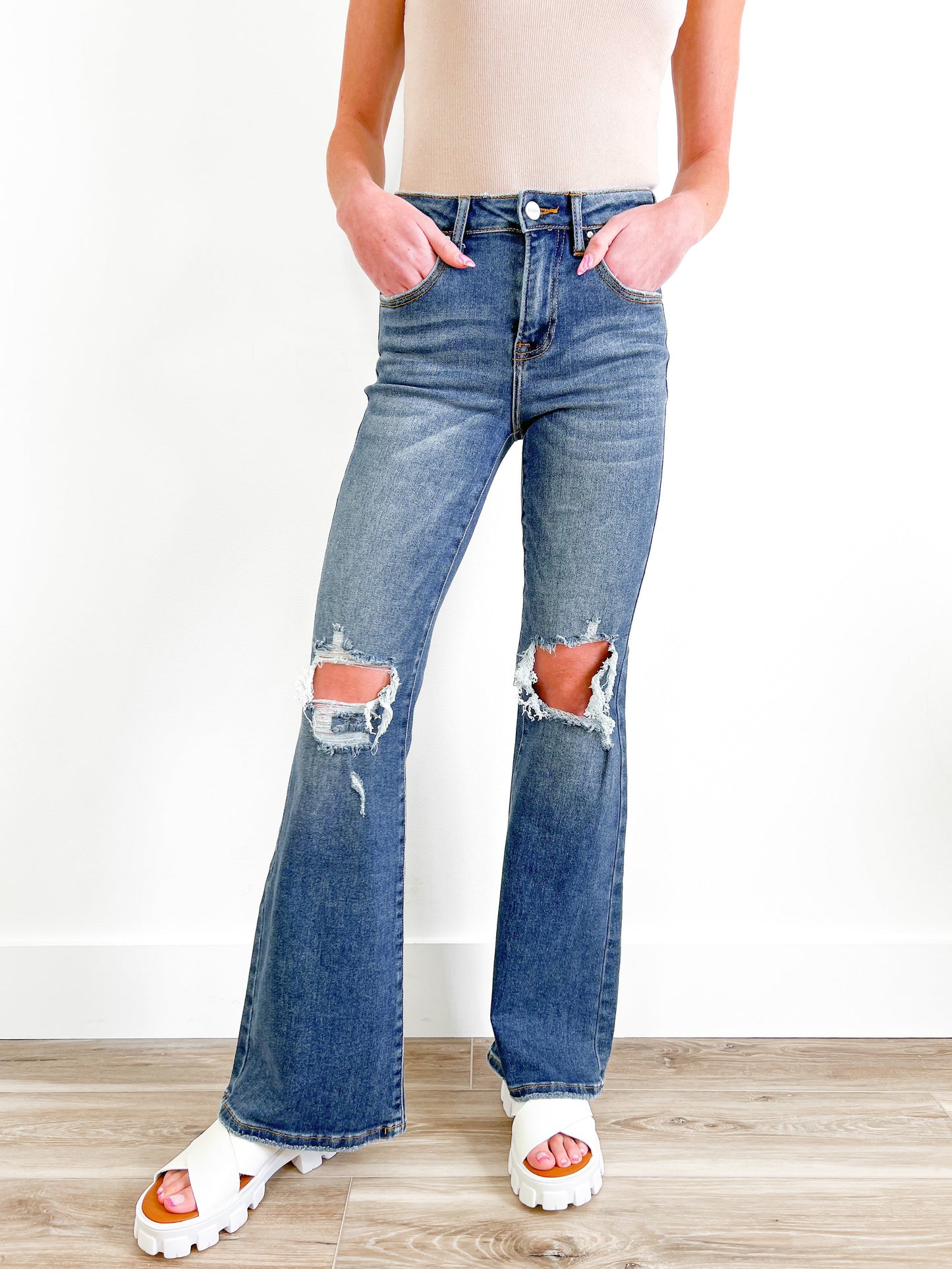 Risen Dark Wash Distressed Flare Jeans