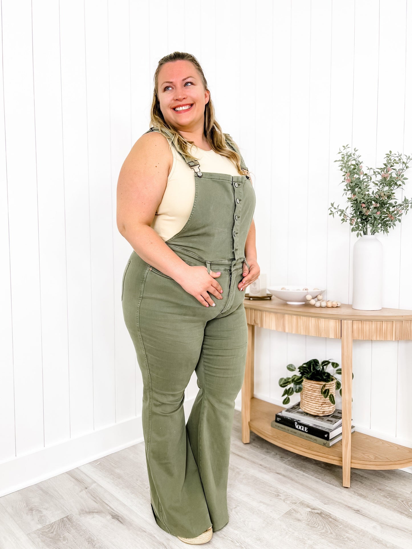 Judy Blue Olive You  Olive High Rise Control Top Tummy Control Flare Overalls