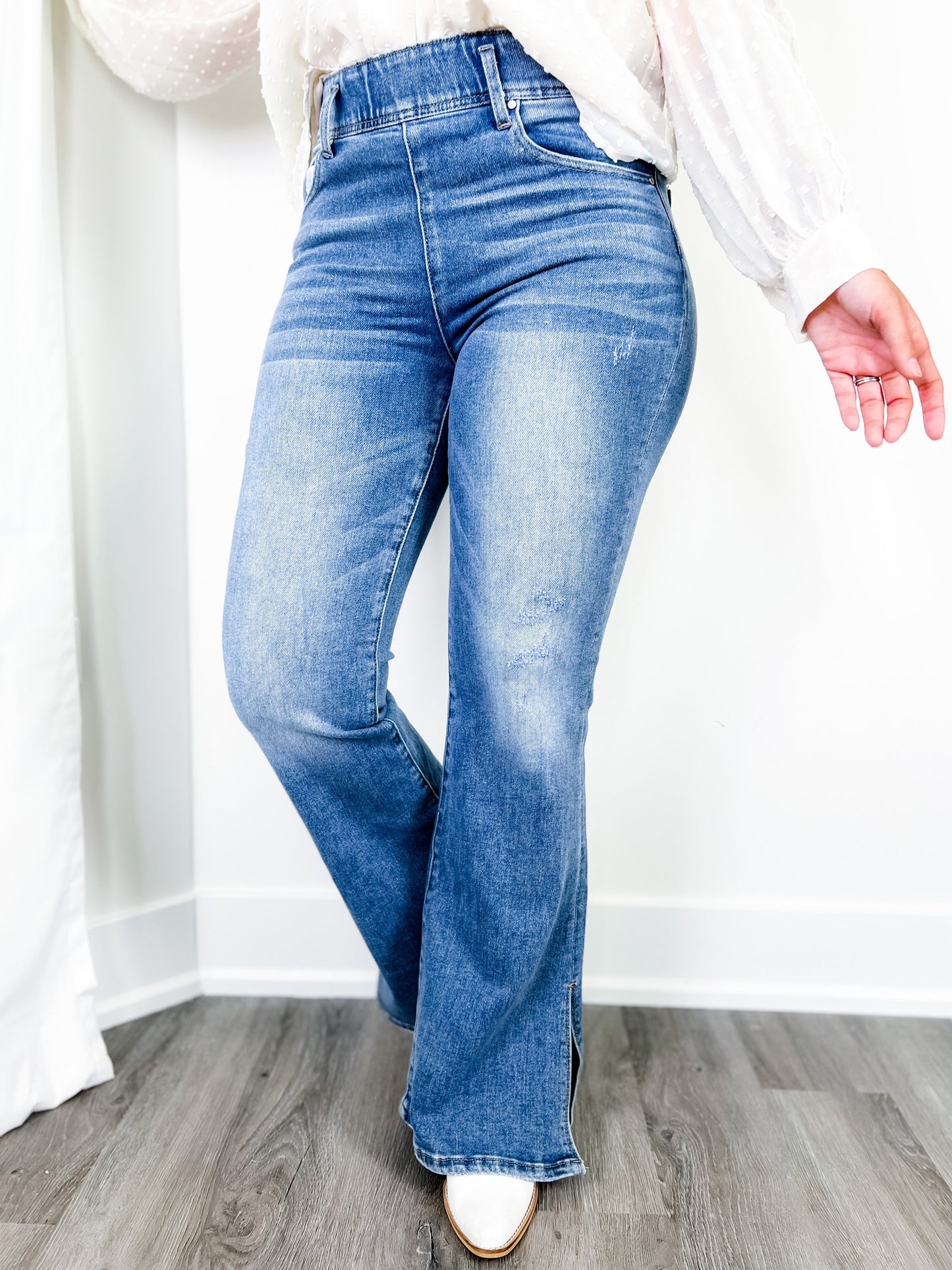 Risen Pull On Medium Wash High Rise Flare Jeans