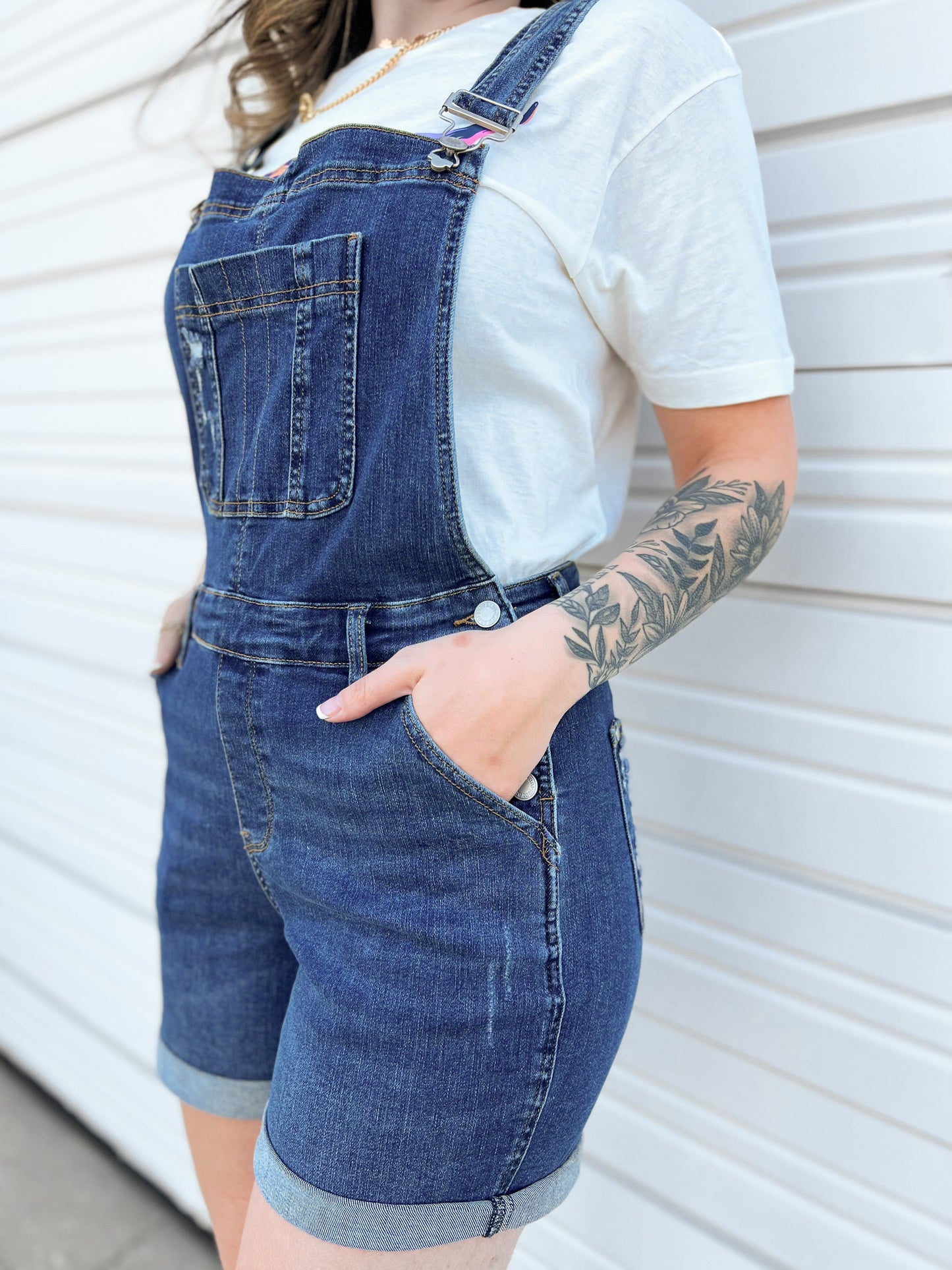 Judy Blue Dark Wash High Rise Destroyed Shorts Overalls With Cuff