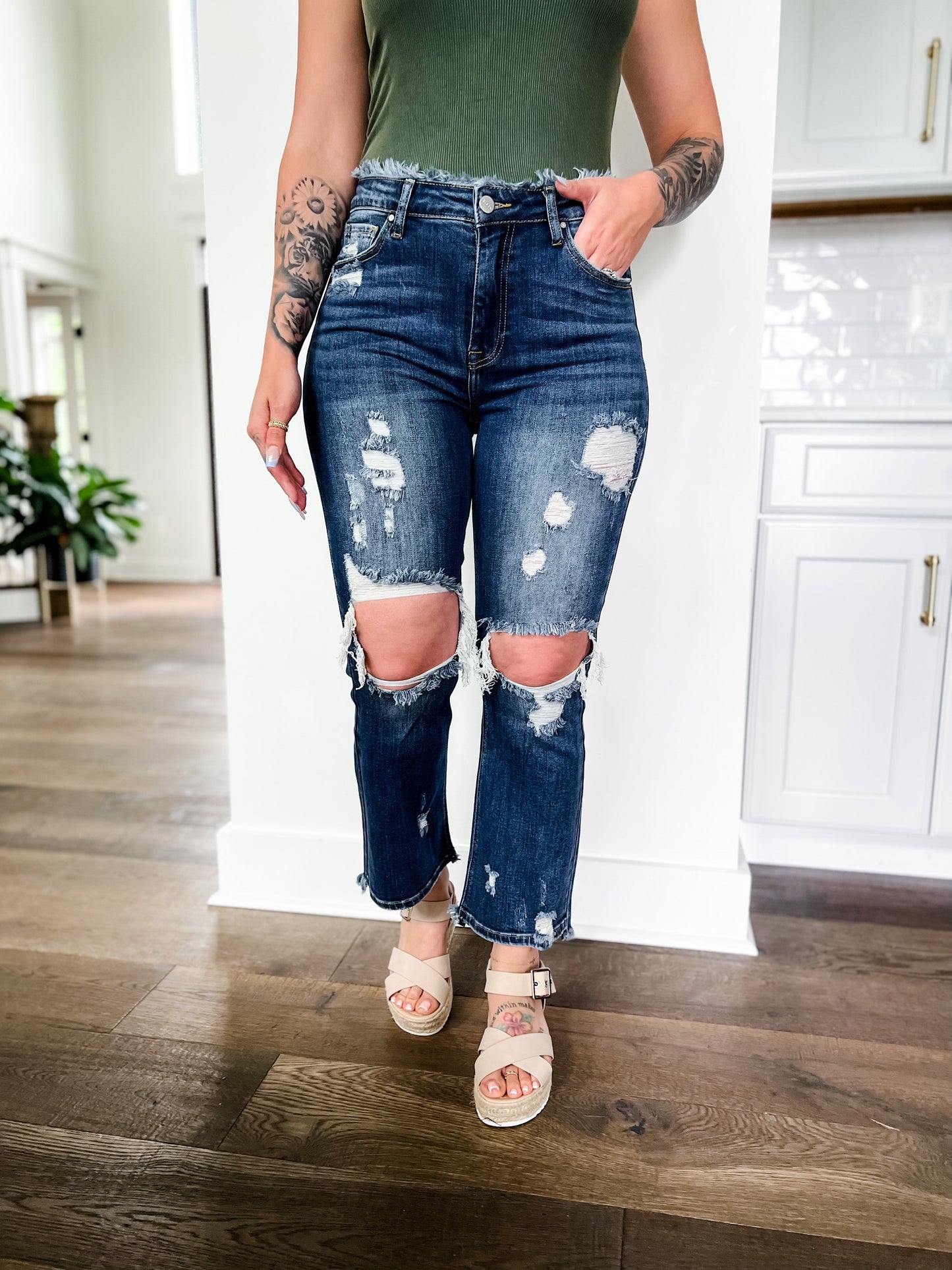 Risen Dark Wash Distressed Frayed Edge Straight Leg Jeans