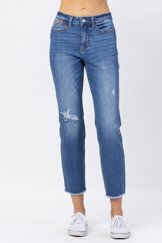 Plus/Reg Judy Blue Medium Wash Howdy Embroidered BF Jeans with Side Seam Stitch