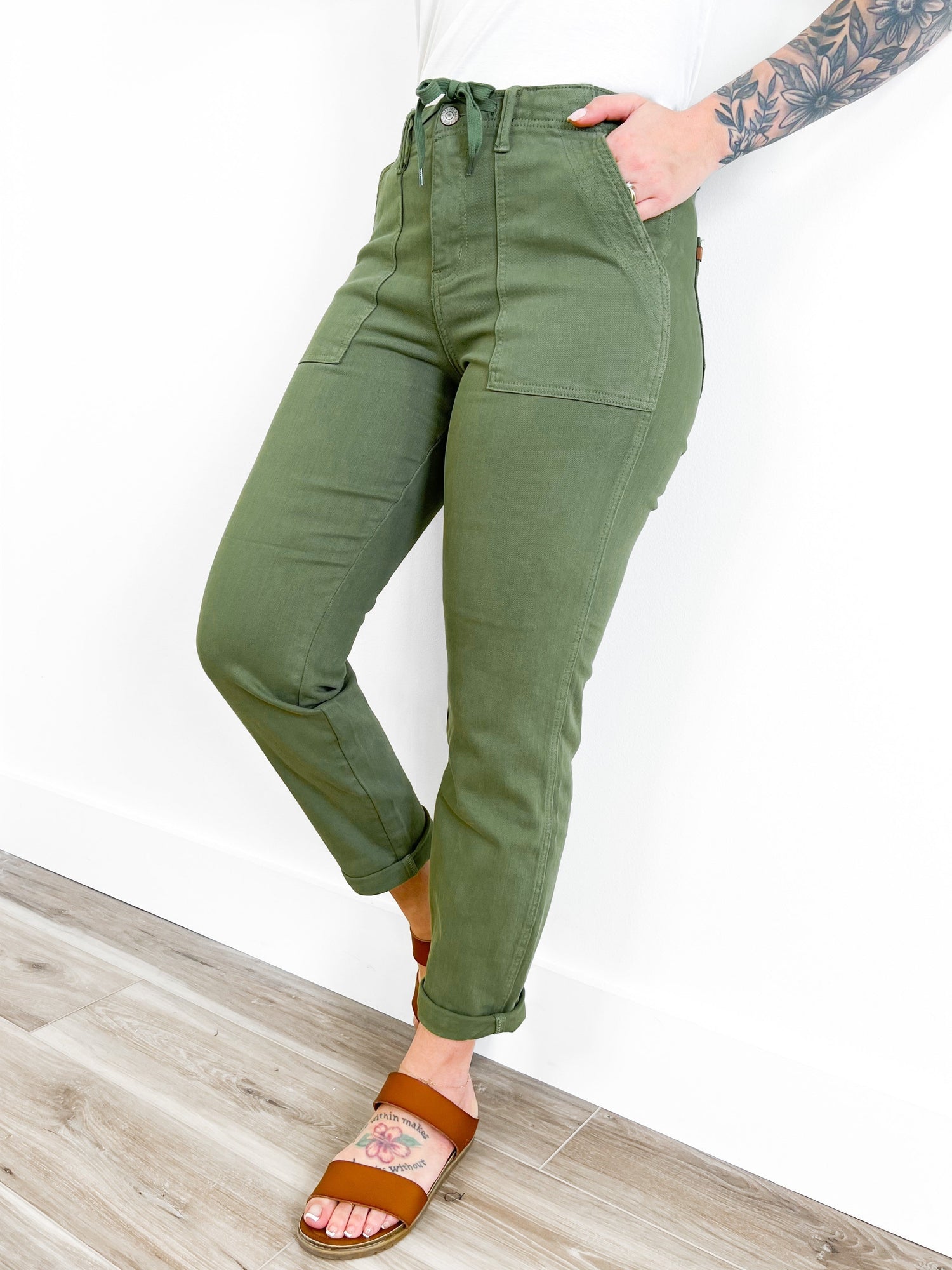 Judy Blue Olive Juice Double Cuff Joggers With Elastic Waistband