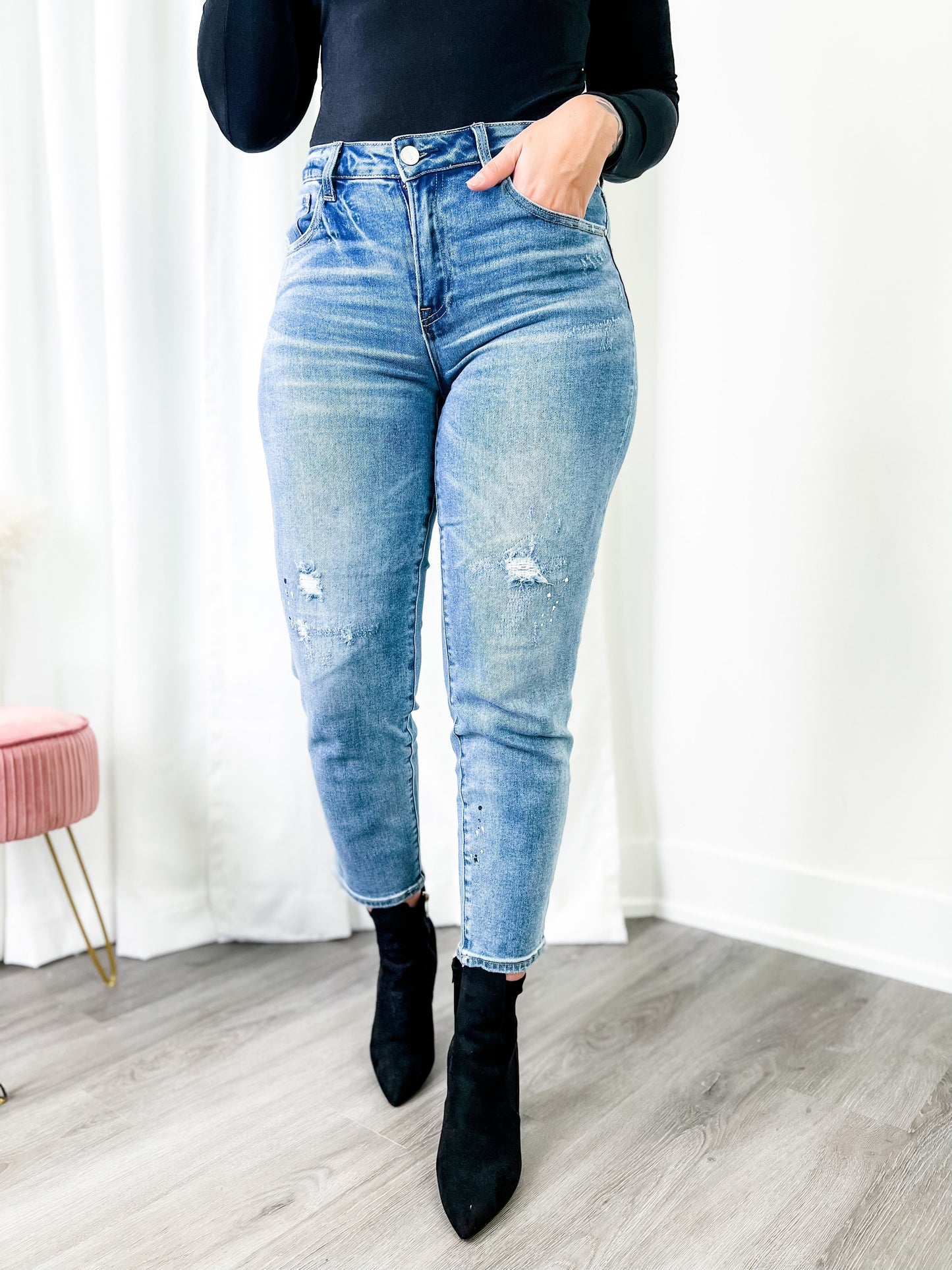 Risen Medium Wash Tapered and Cropped Jeans