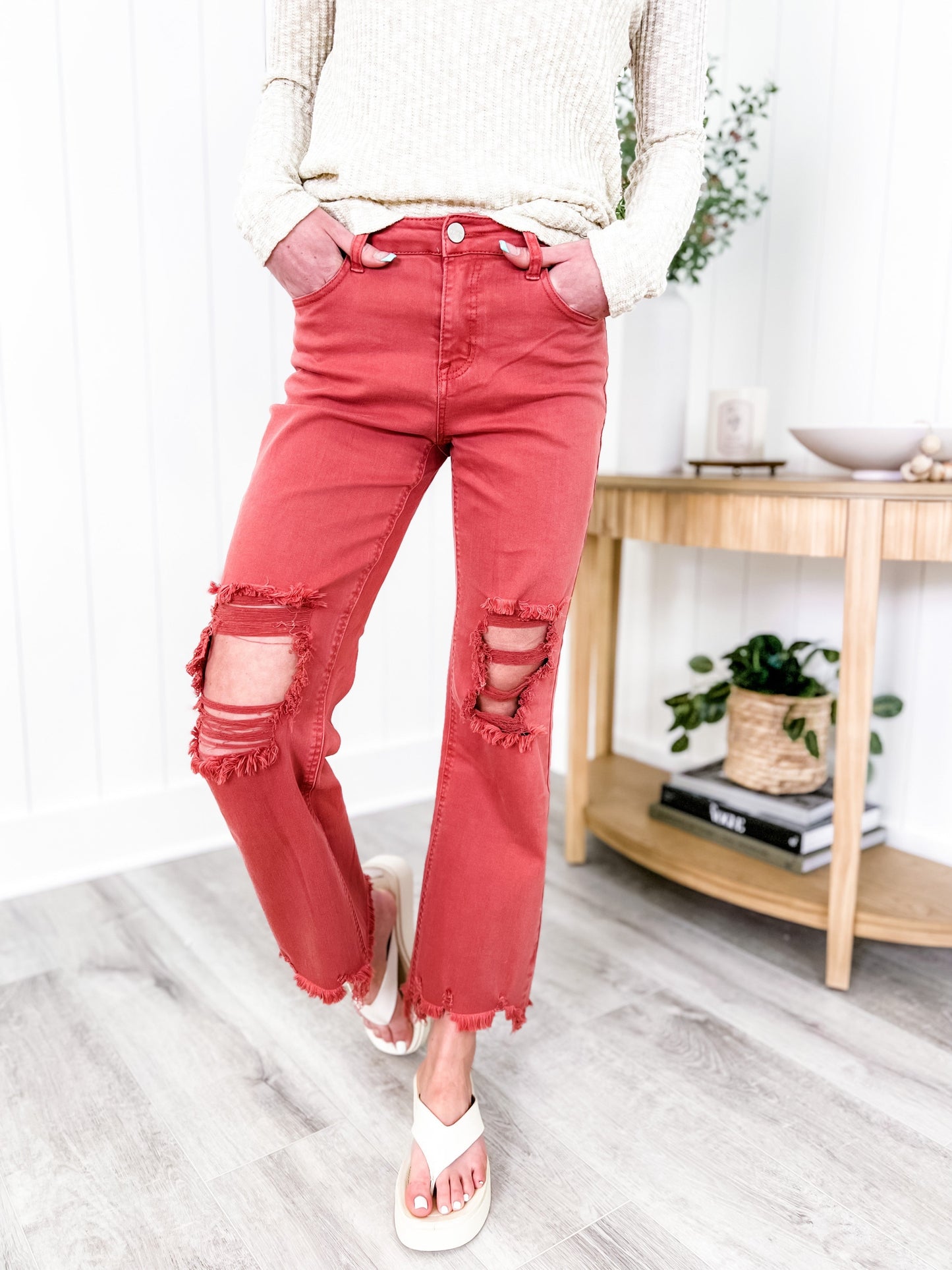 Risen Brick High Rise Straight Legged Jeans