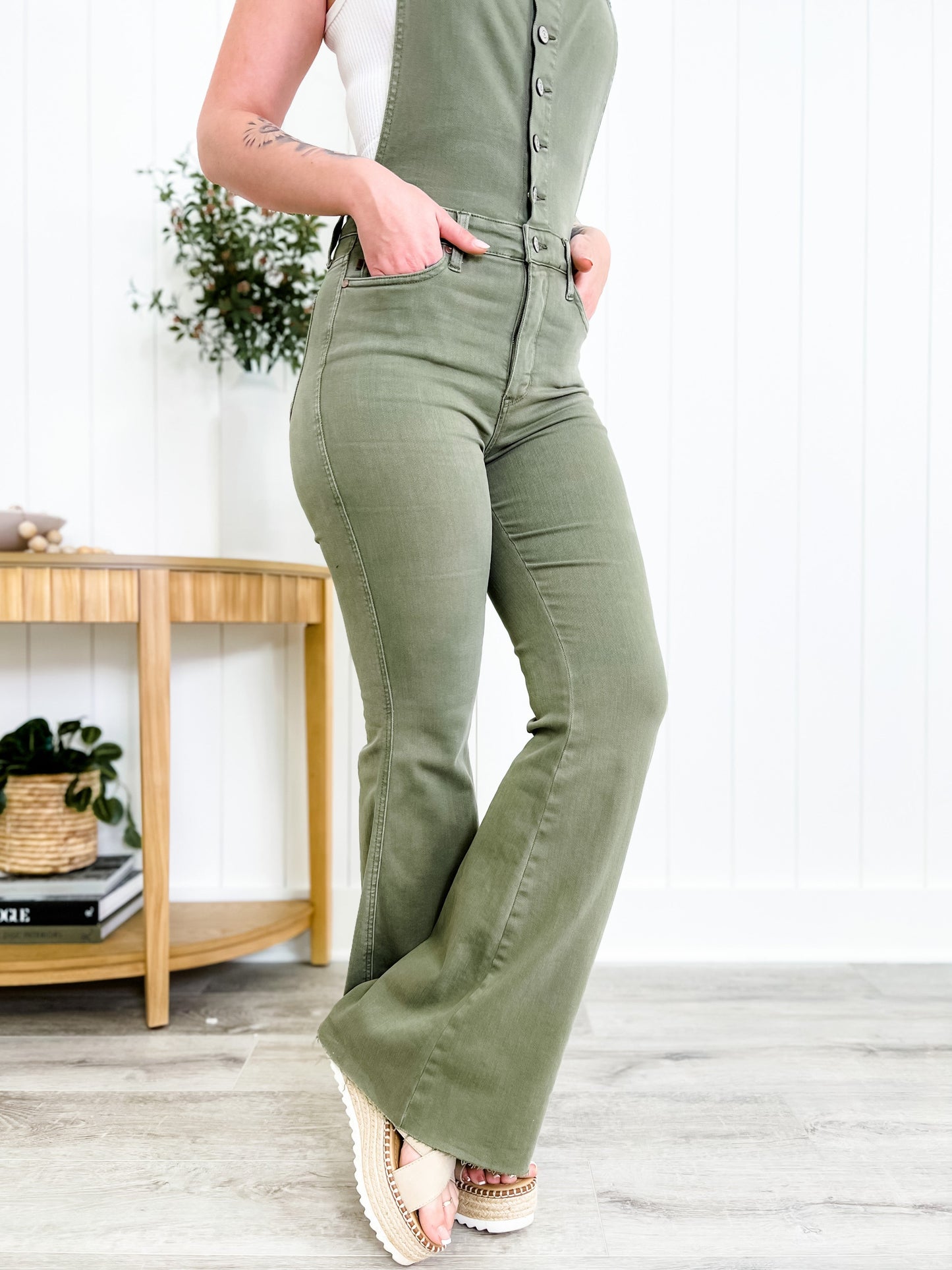 Judy Blue Olive You  Olive High Rise Control Top Tummy Control Flare Overalls
