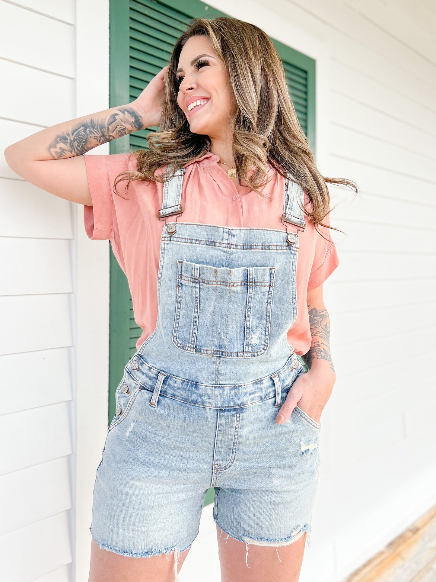 Judy Blue Bethany Blues Light Wash Destroyed Shorts Overalls